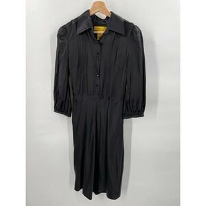 Catherine Malandrino 100% Silk Black Satin Dress 3/4 Sleeve Button Front Size 6
